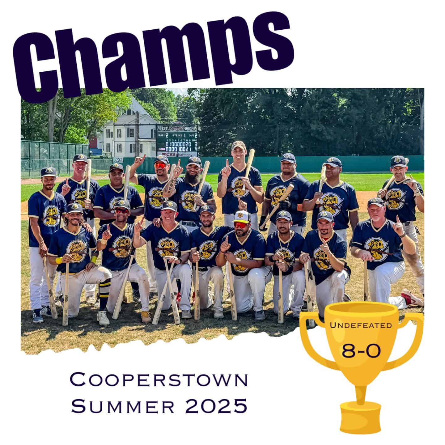 Baseball team celebrating victory with trophies and uniforms.